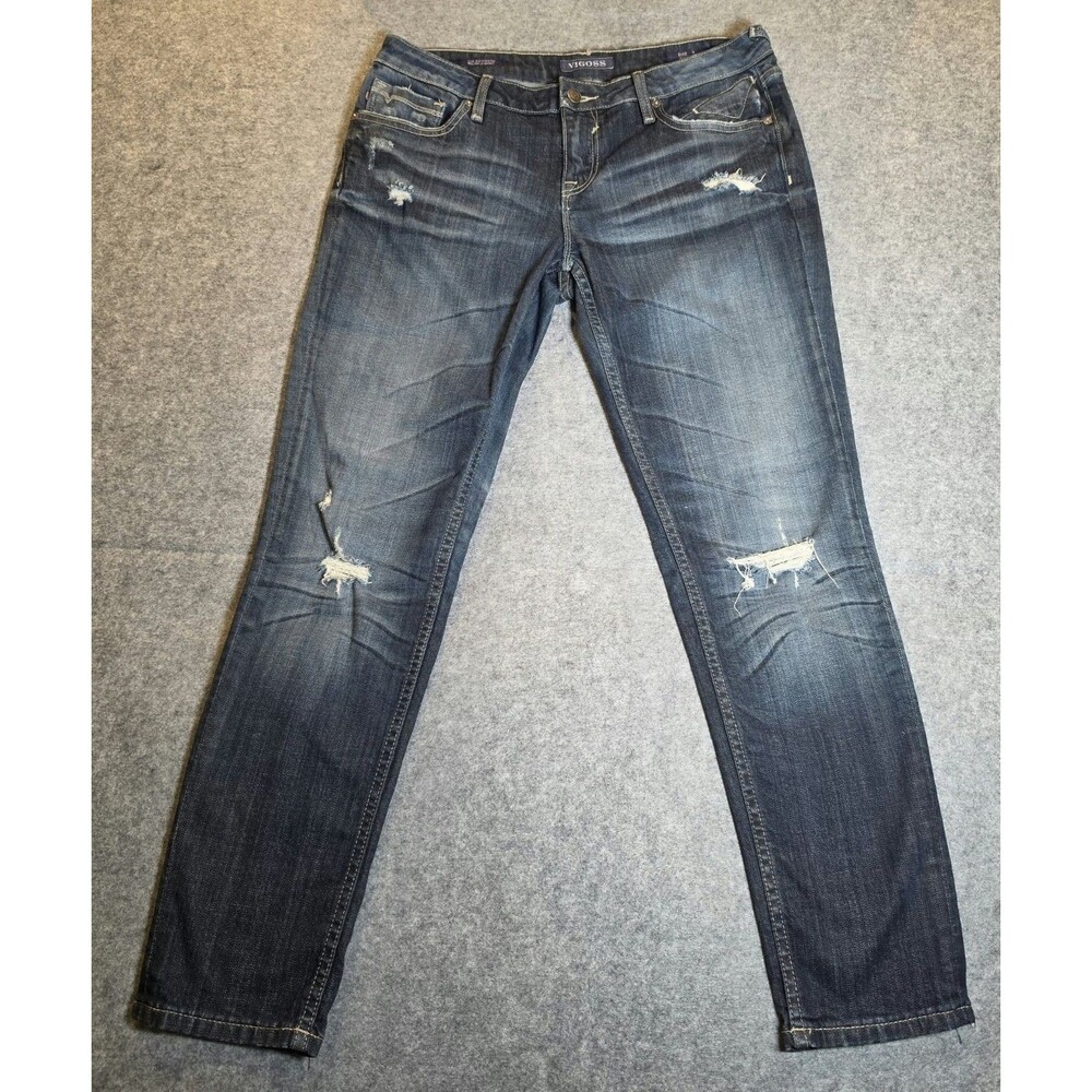 Womens 9 Y2K Distressed Boyfriend Jeans Dark Wash Grunge Whiskered Skinny Fit